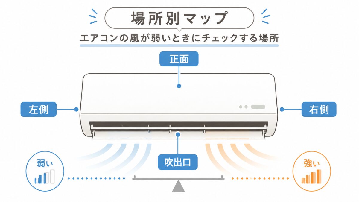 エアコンの風が弱いときに正面吹き出し口左右差を確認する図解