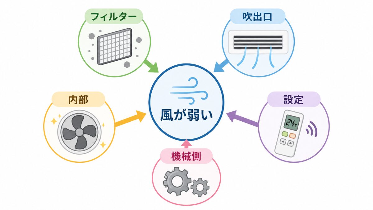 エアコンの風が弱い原因をフィルター吹き出し口内部設定機械側に分けた図解