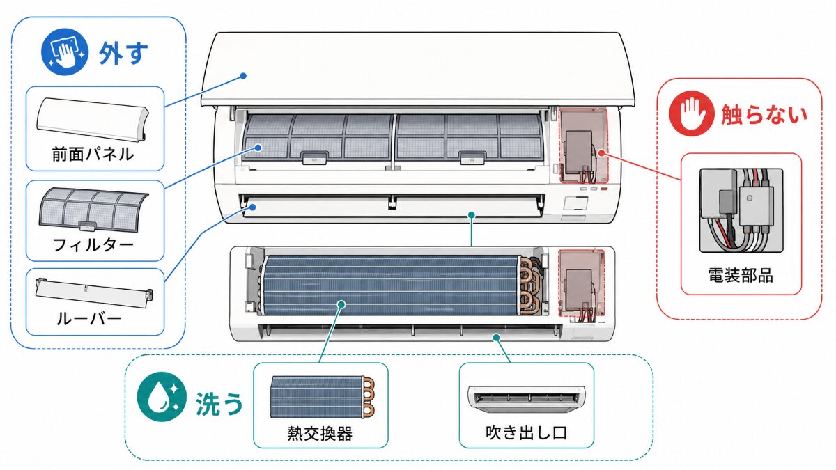 エアコンクリーニングで外す場所洗う場所触らない場所を分けた範囲マップ