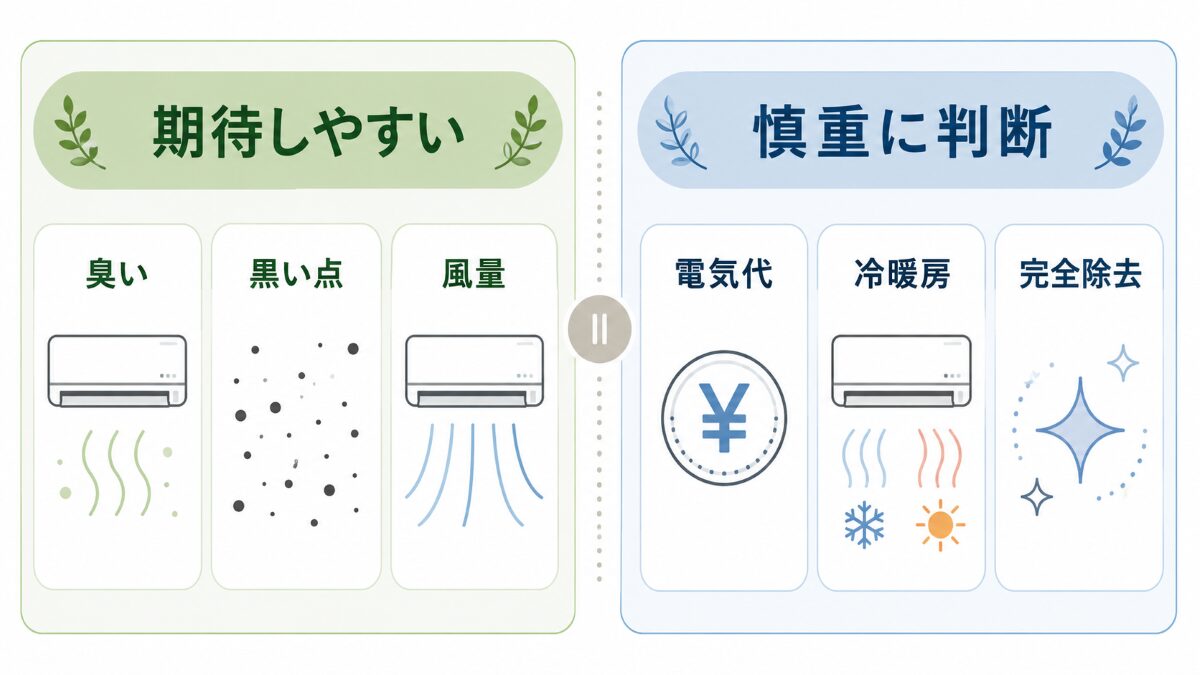 エアコンクリーニングで期待しやすい効果と慎重に判断する効果の比較図解