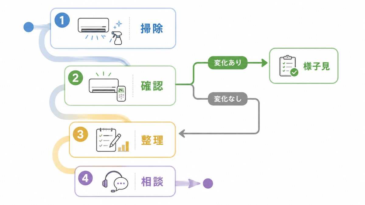 エアコンクリーニングのメリットをフィルター掃除後の変化から判断するフロー図