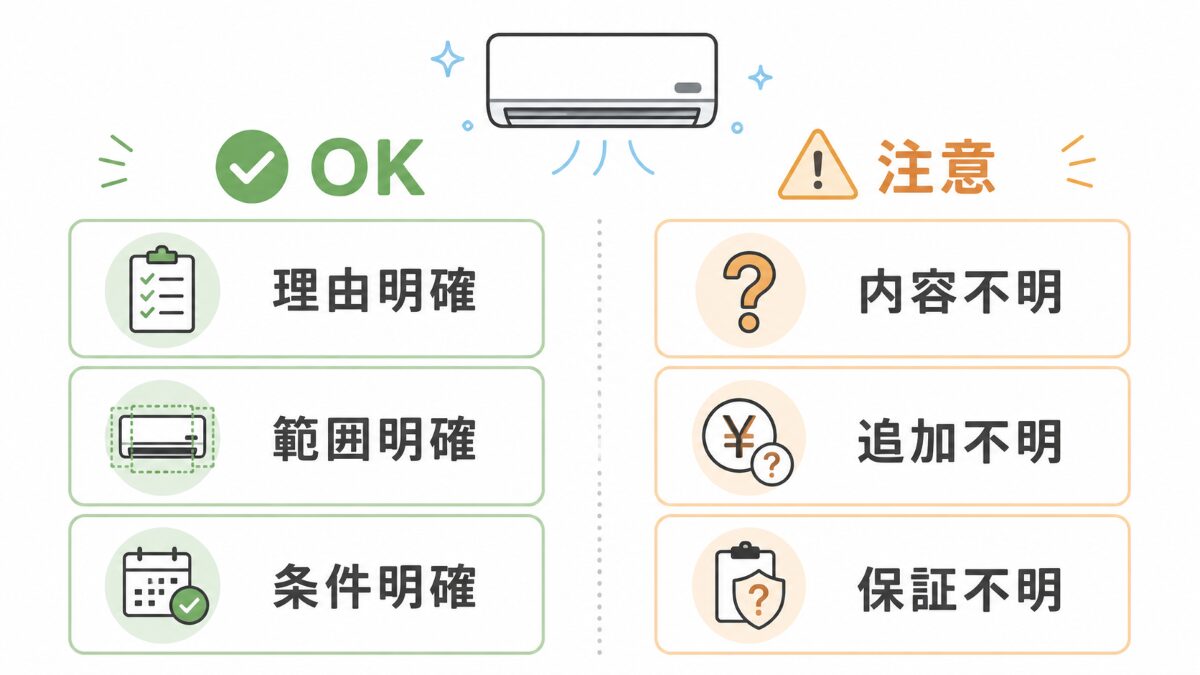 エアコンクリーニングの安い業者で選んでよい安さと注意したい安さを比較する図解