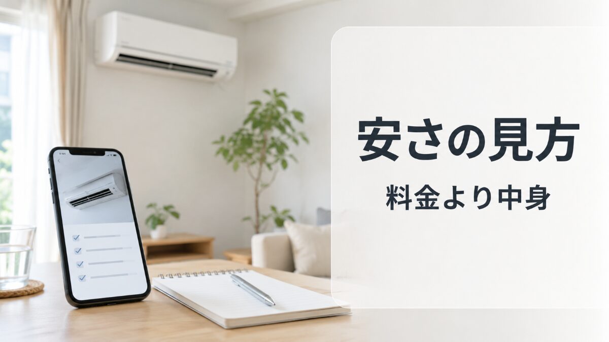 エアコンクリーニングの安い業者を料金だけでなく作業内容で確認する様子