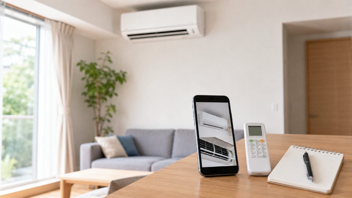 エアコンクリーニング依頼前にスマホとメモで型番や状態を整理している様子