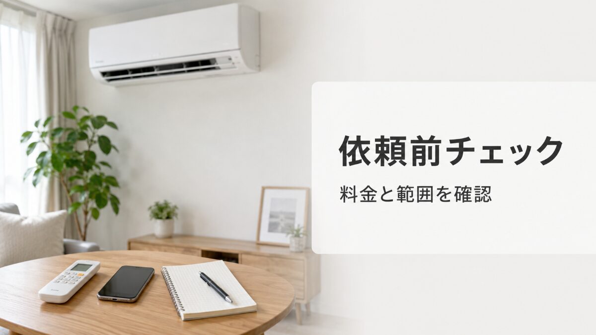 エアコンクリーニング依頼前に料金と作業範囲を確認するためのメモとエアコン
