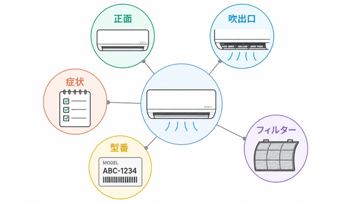 エアコンクリーニング相談前に正面吹き出し口型番症状を整理する図解