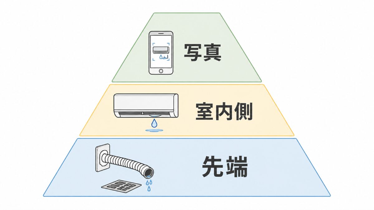 エアコンドレンホース確認を先端室内側写真の順で整理する図