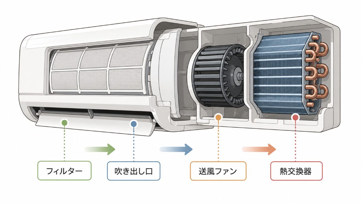 エアコン内部のフィルター吹き出し口送風ファン熱交換器の位置を示す図解
