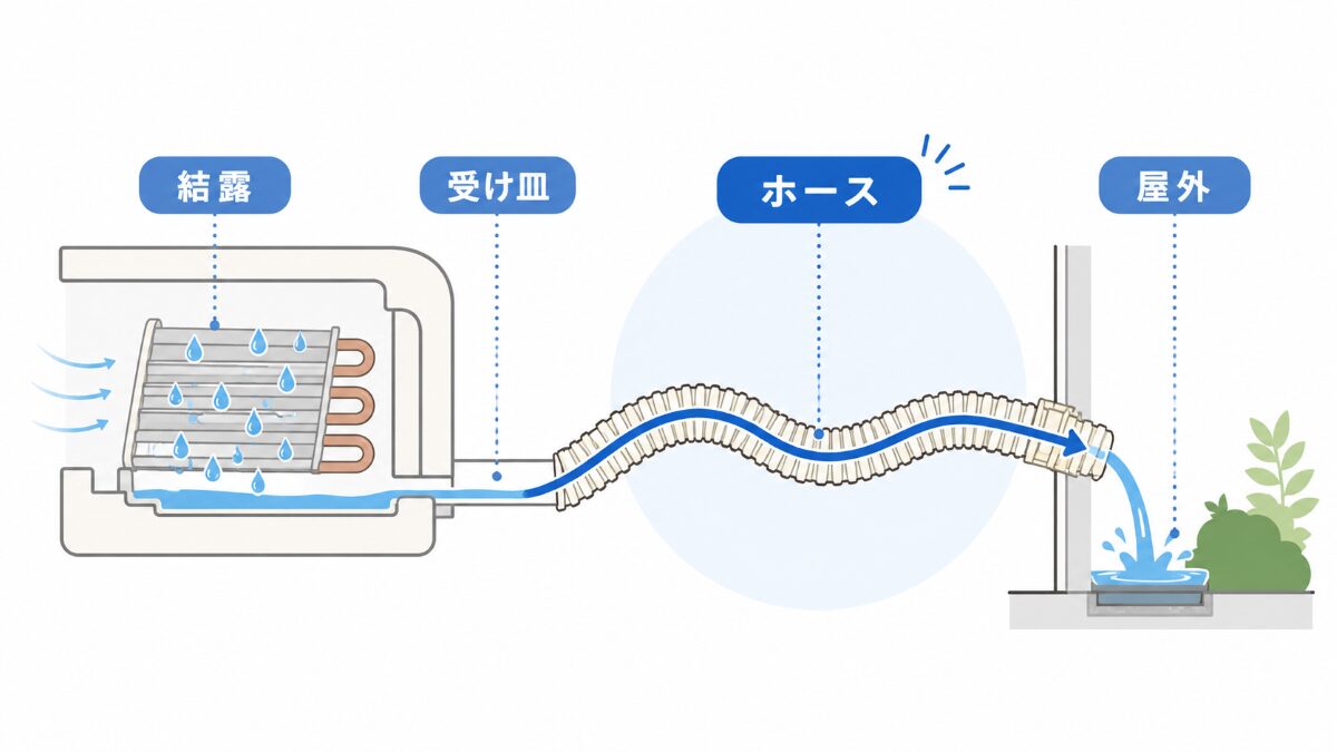 エアコン内部の結露水がドレンホースで屋外へ流れる構造図