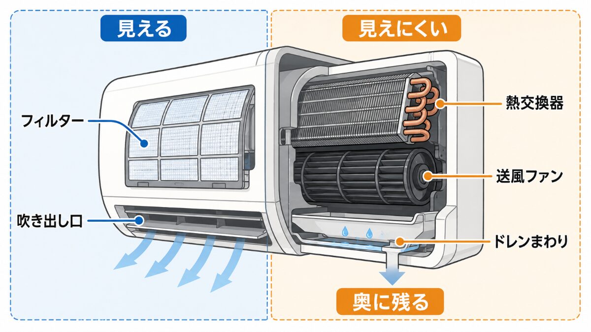 エアコン内部カビが見えにくい構造を示す図解