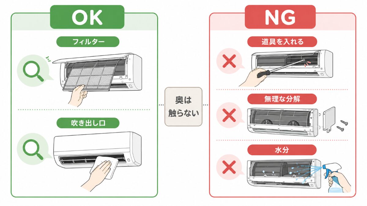 エアコン内部カビ確認でやってよいことと避けることを示す図解