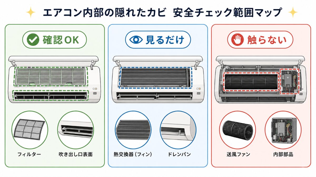 エアコン内部カビ確認で触ってよい範囲と避ける範囲を示す図解