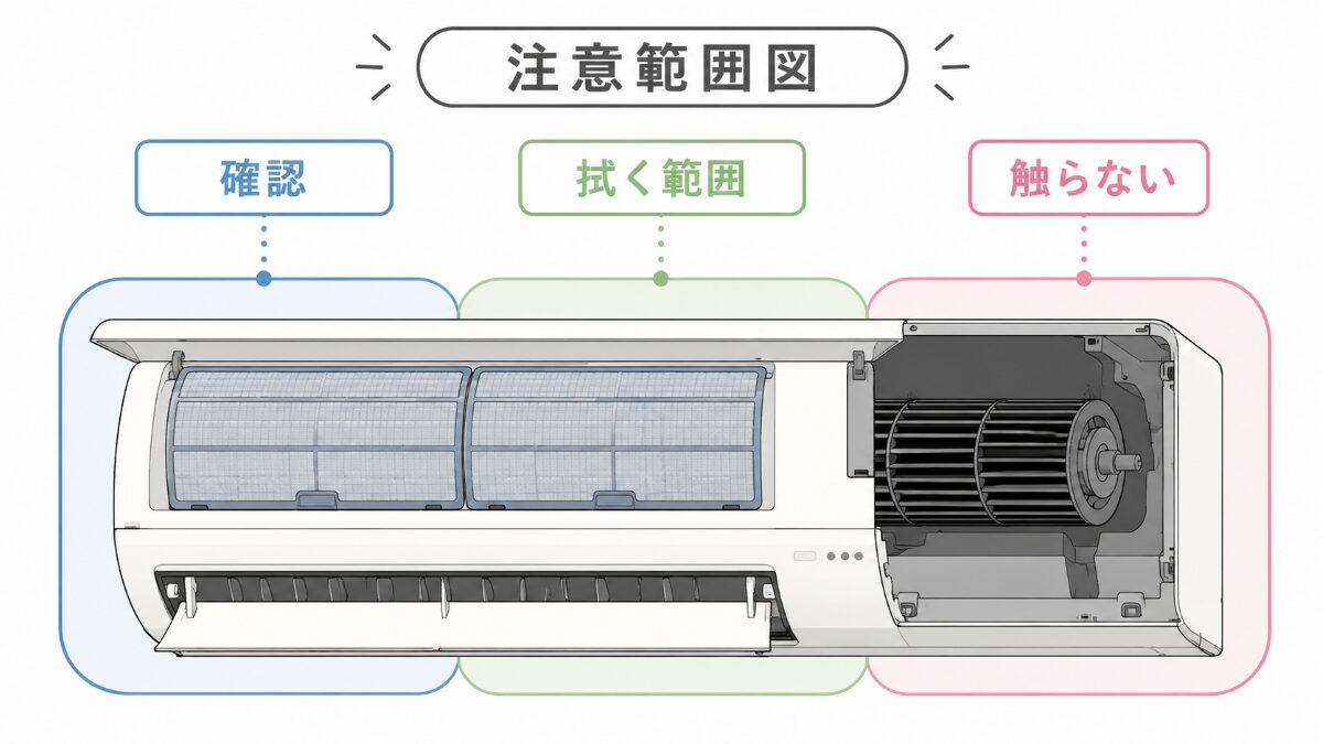 エアコン掃除で確認できる範囲と無理に触らない範囲を示す図解