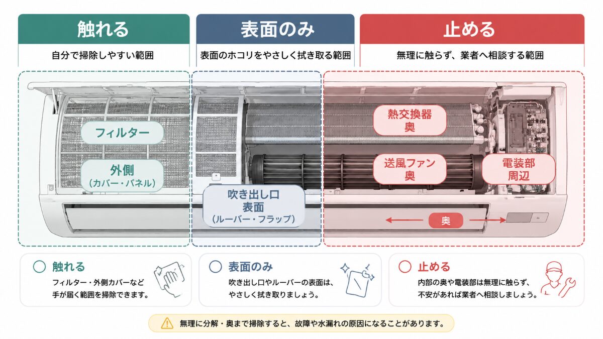 エアコン掃除で触ってよい範囲と止める範囲を分ける図解