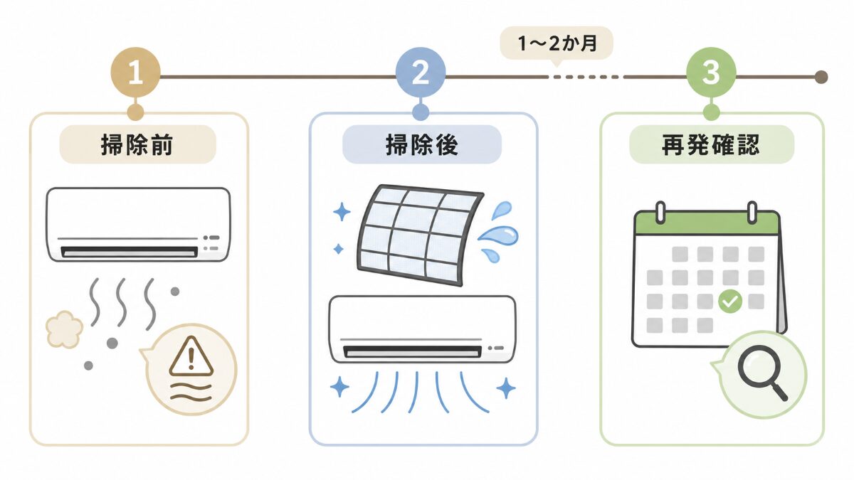 エアコン掃除後に臭いや風量低下が戻るか確認する時系列図