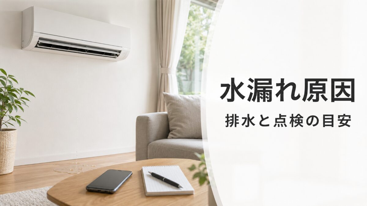 エアコン水漏れの原因と排水不良や点検の目安を示すアイキャッチ