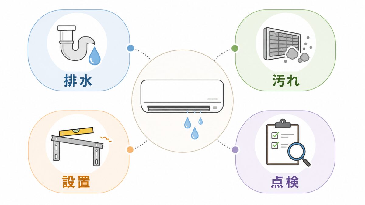 エアコン水漏れの原因を排水汚れ設置点検で分類した図解