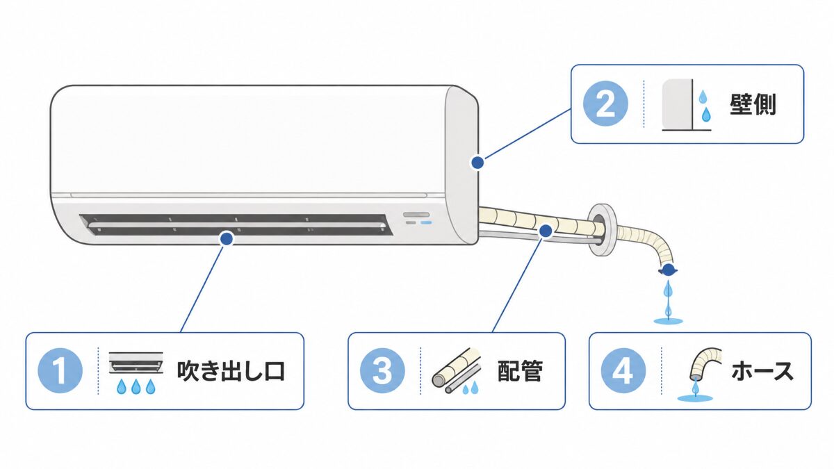 エアコン水漏れの確認場所を吹き出し口壁側配管ホースで整理した図解