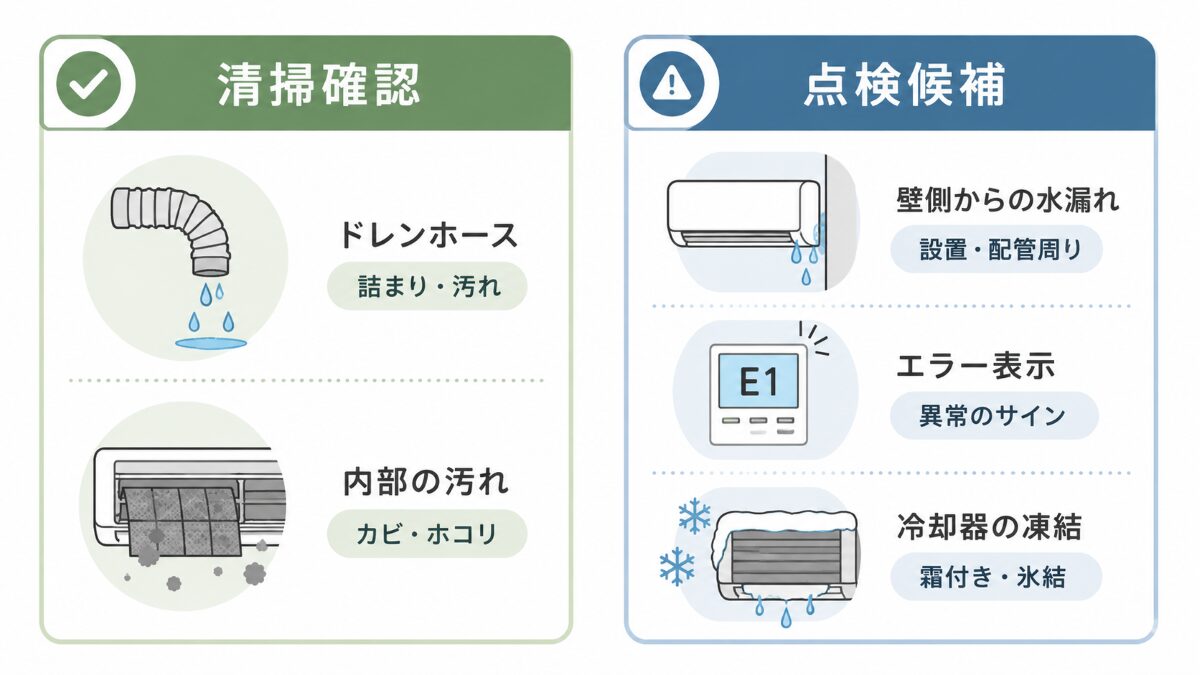 エアコン水漏れをクリーニング向きと点検向きで分ける比較図