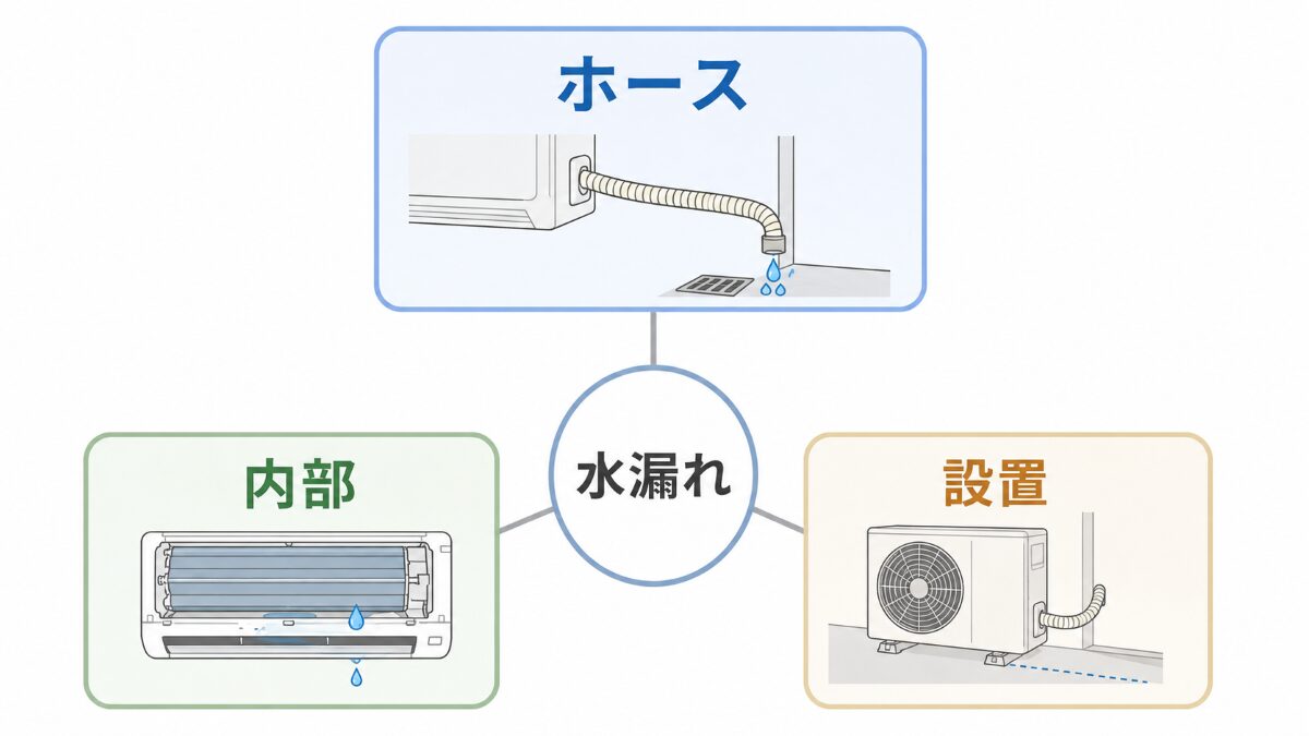 エアコン水漏れをドレンホース内部設置で分ける原因マップ