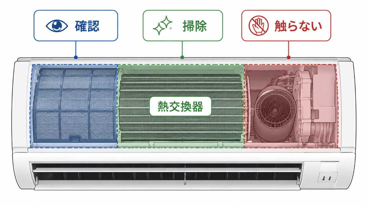 エアコン熱交換器まわりの確認範囲と触らない範囲を示す図解