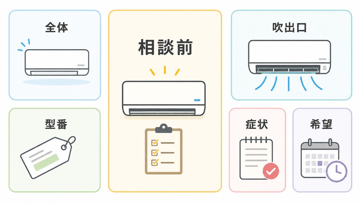 エアコン相談前に全体型番吹き出し口症状希望時期を整理する図解