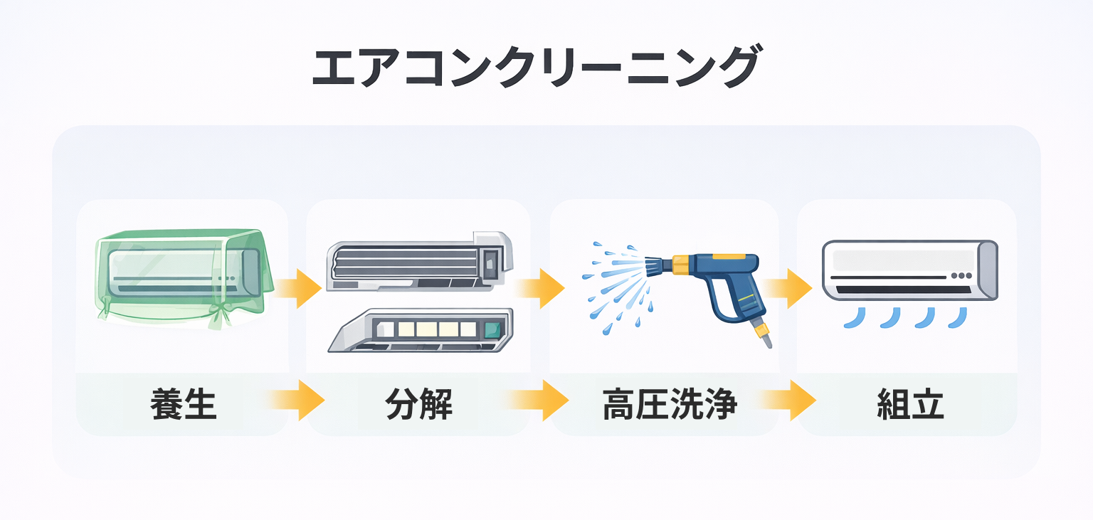 エアコンクリーニングの作業工程図