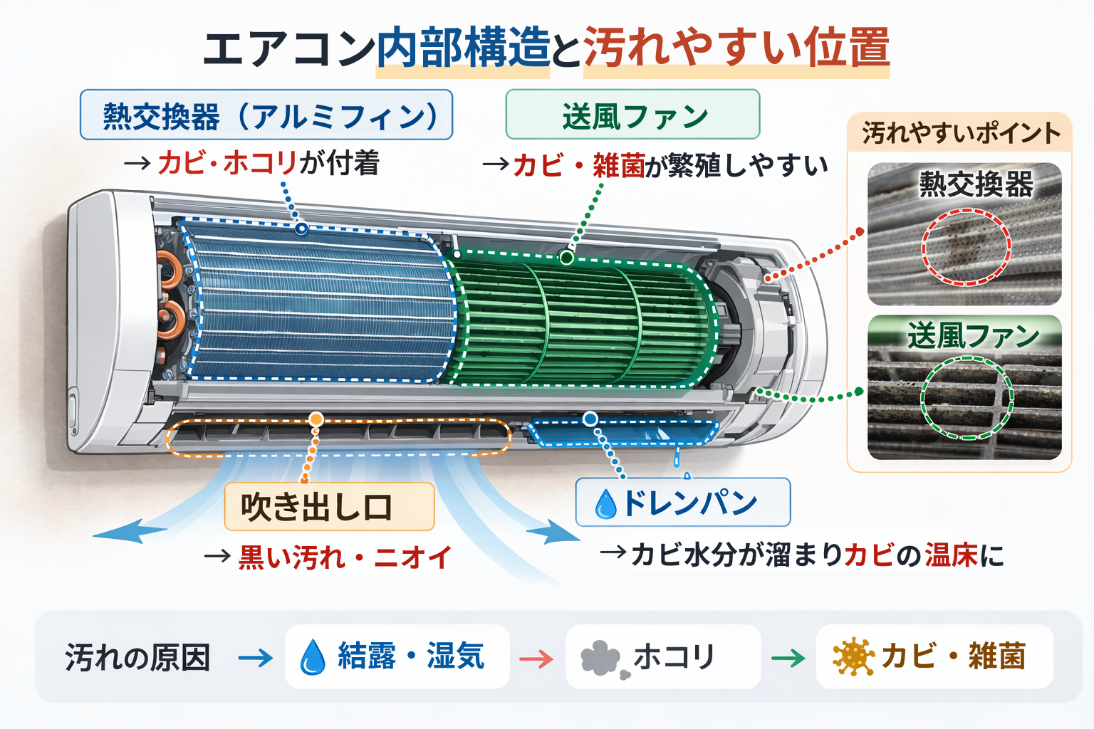 エアコン内部構造と汚れやすい位置図