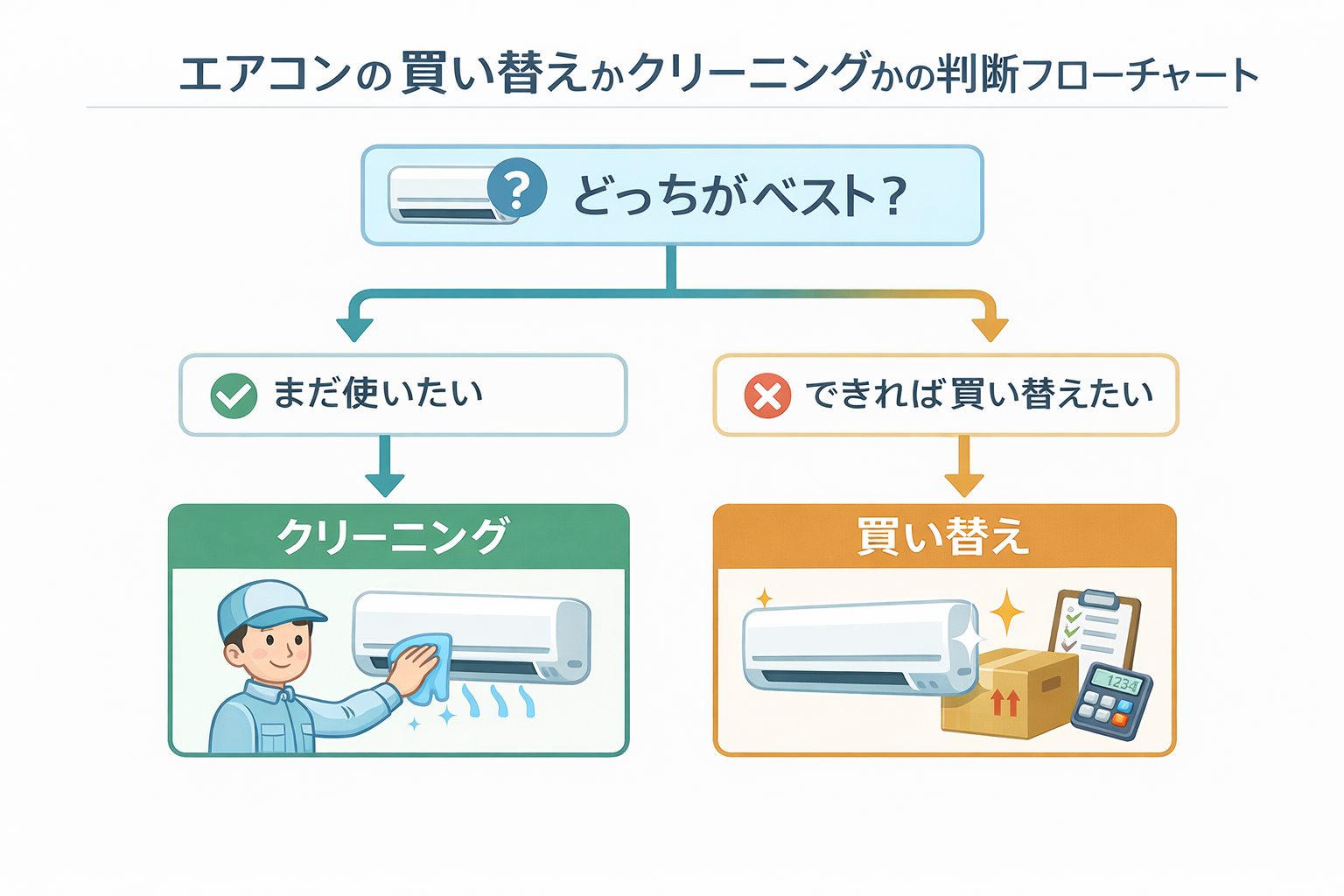 エアコンの買い替えかクリーニングかの判断フローチャート