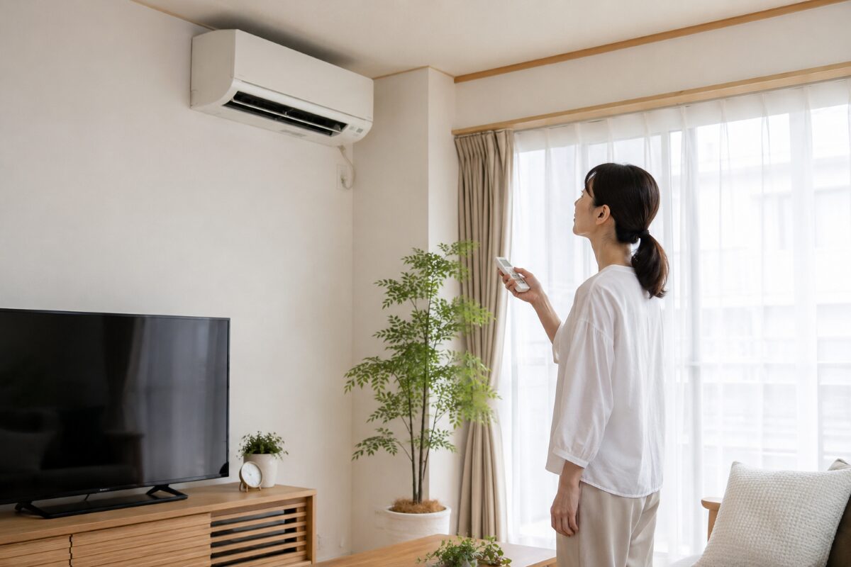 夏前にリビングのエアコンを確認する様子
