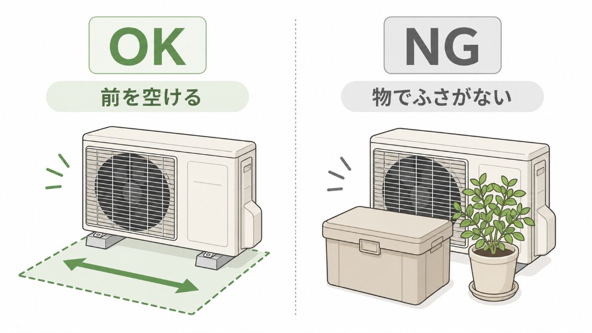 室外機の前を空ける状態と物でふさいだ状態の比較図
