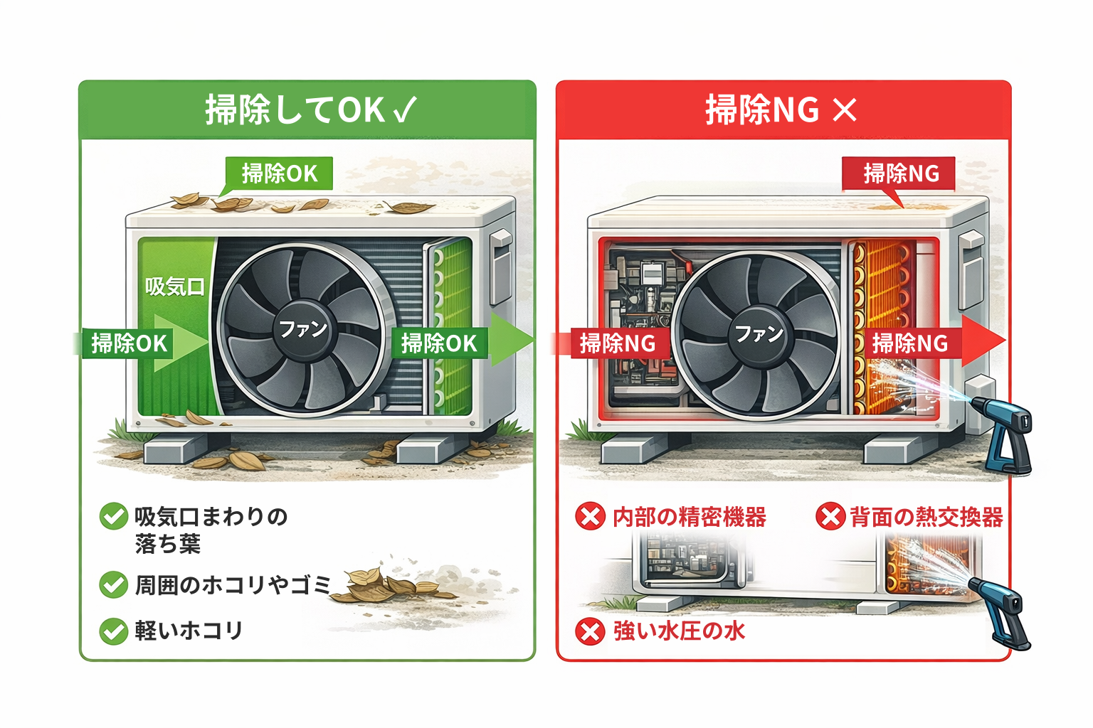 室外機の掃除可能範囲と注意箇所