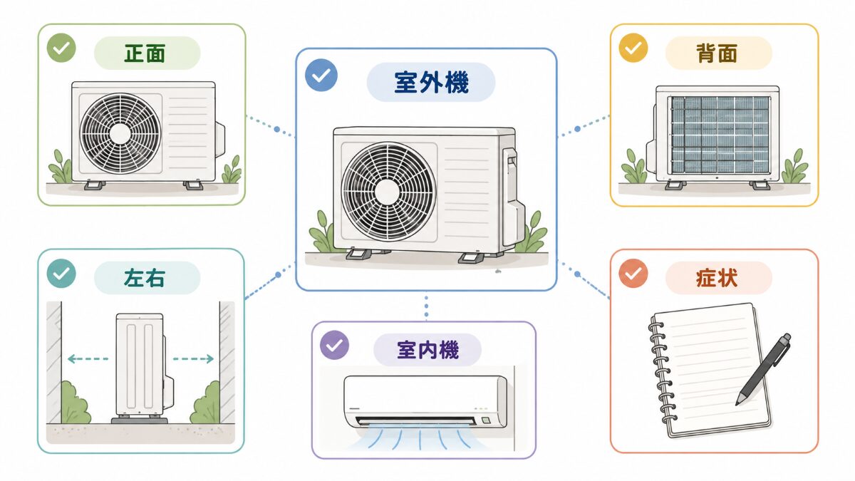 室外機相談前に正面背面左右室内機症状を整理する図解