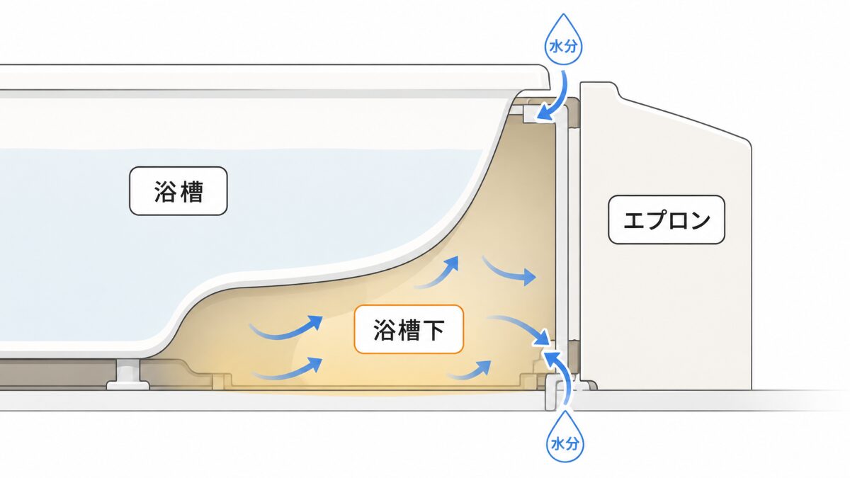 浴室エプロン内部の構造と水分が入りやすい場所を示す図解