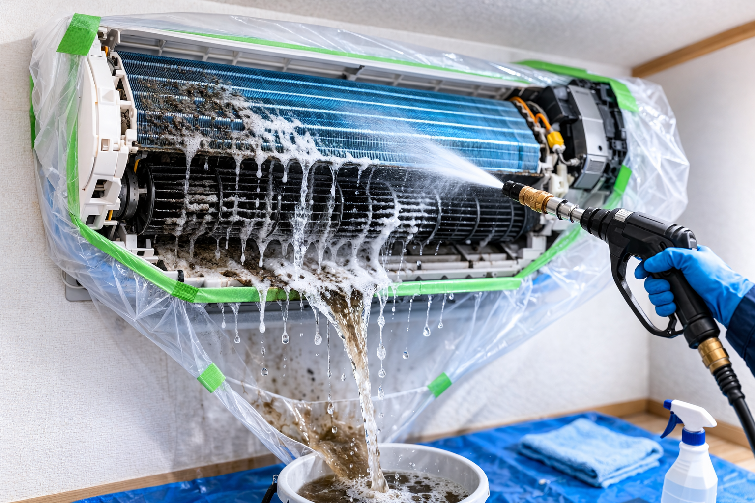 エアコンクリーニングの高圧洗浄作業中の様子