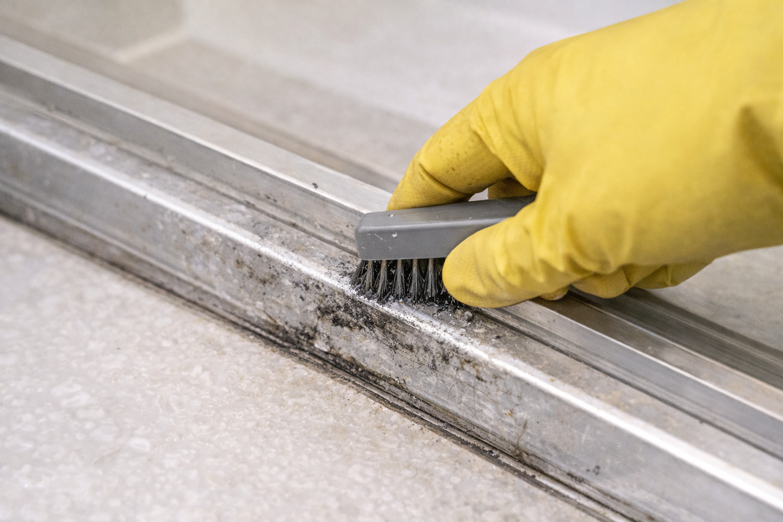 硬いブラシで浴室ドアレールを強くこすっている手元イメージ