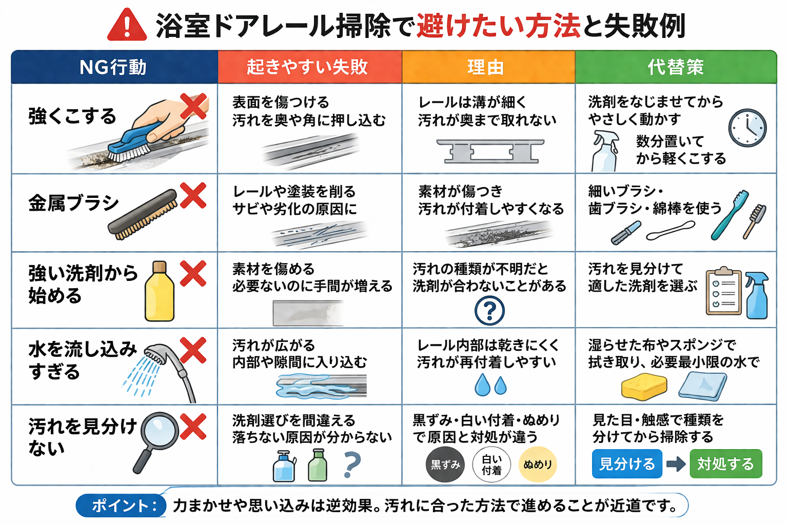 浴室ドアレール掃除で避けたい方法と失敗例の一覧表