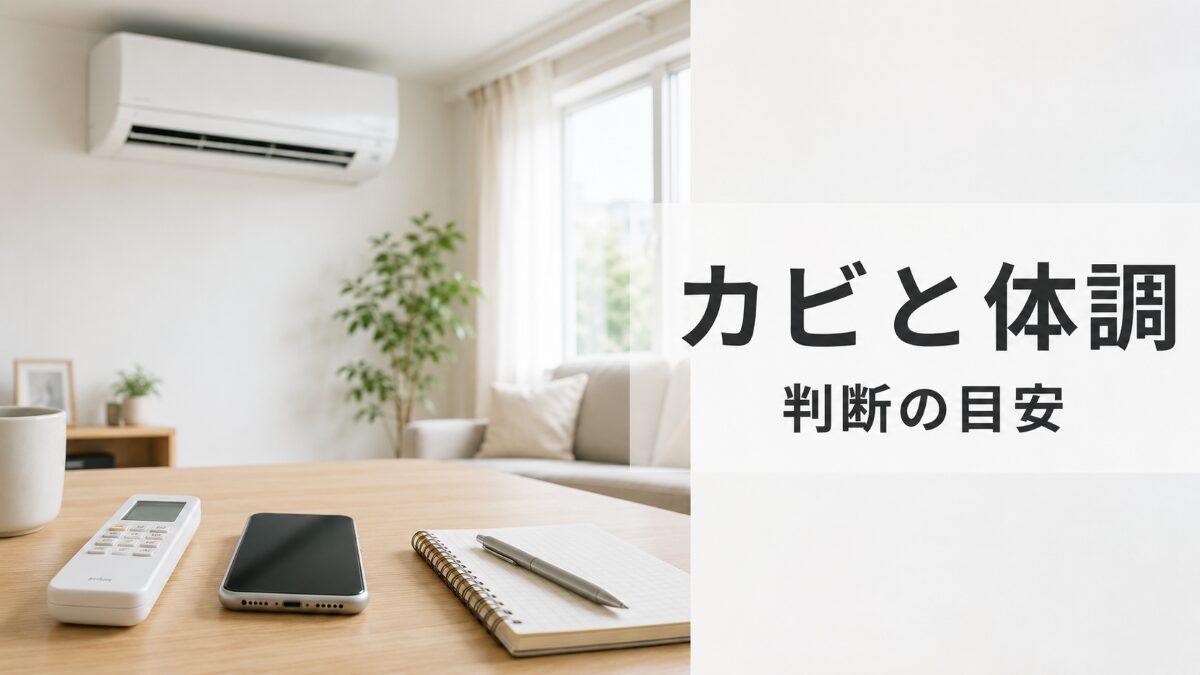 エアコンのカビと体調不安を確認するためにリモコンとメモを整理している室内