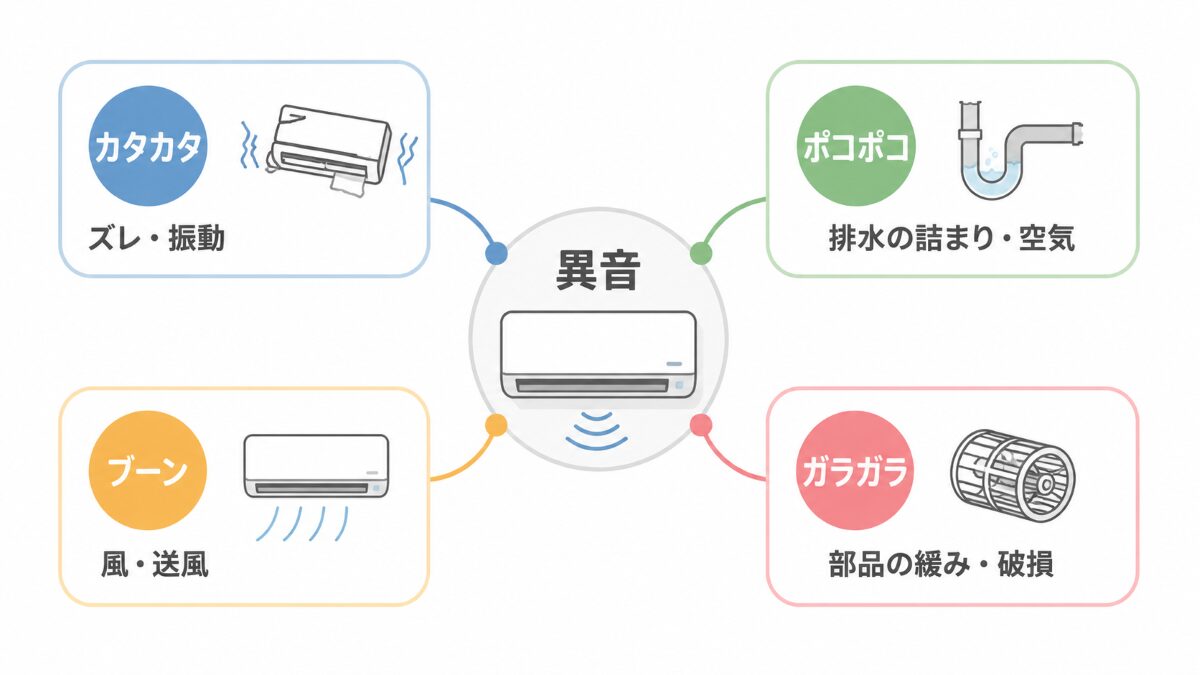 エアコンの異音を音の種類別に確認先へ分ける図解
