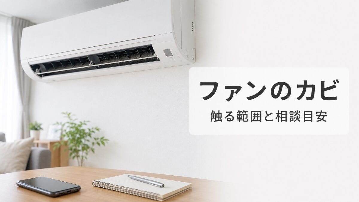エアコンファンのカビを吹き出し口から確認する様子