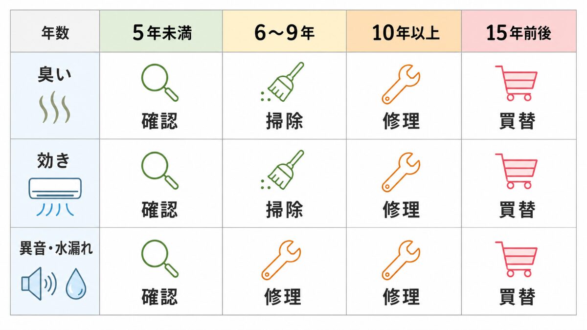 エアコン寿命を使用年数と症状で分ける比較マトリクス
