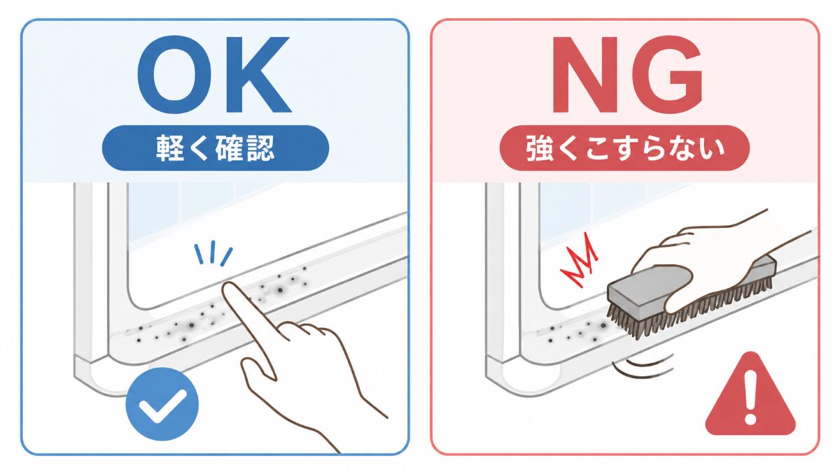 ゴムパッキンの黒ずみを強くこすらず状態確認するNGOK図解