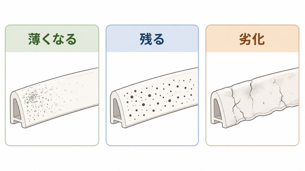 ゴムパッキンの黒カビを薄くなる残る劣化で分ける図解
