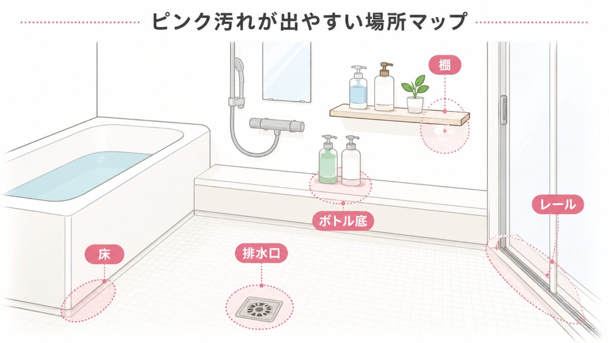 浴室のピンク汚れが出やすい床排水口ボトル底棚ドアレールの場所別マップ