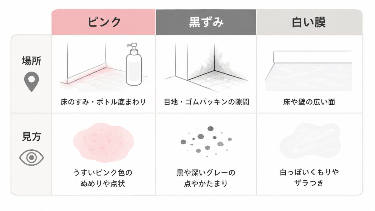 浴室のピンク汚れ黒ずみ白い膜の違いを整理する比較図