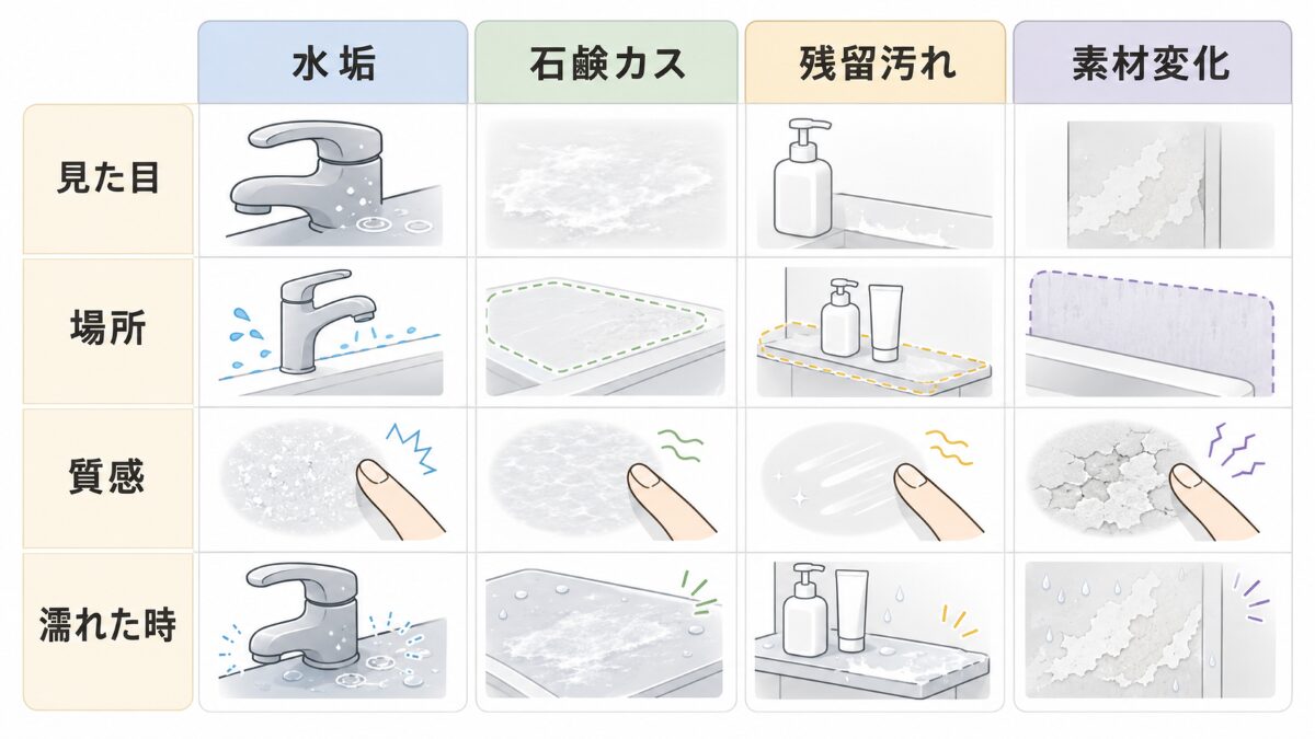 浴室の水垢と石鹸カスと残留汚れと素材変化を比較する図
