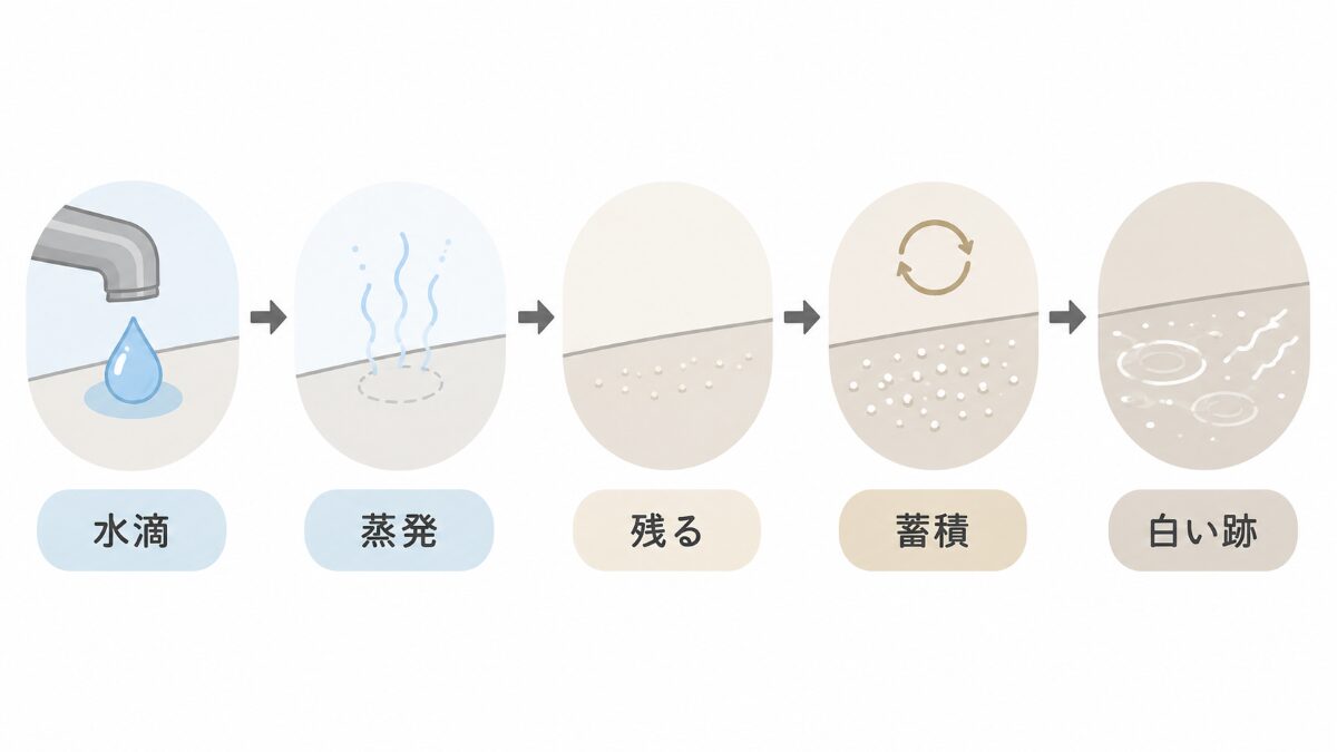 浴室の水滴が乾いて成分が残り水垢になるまでの時系列図