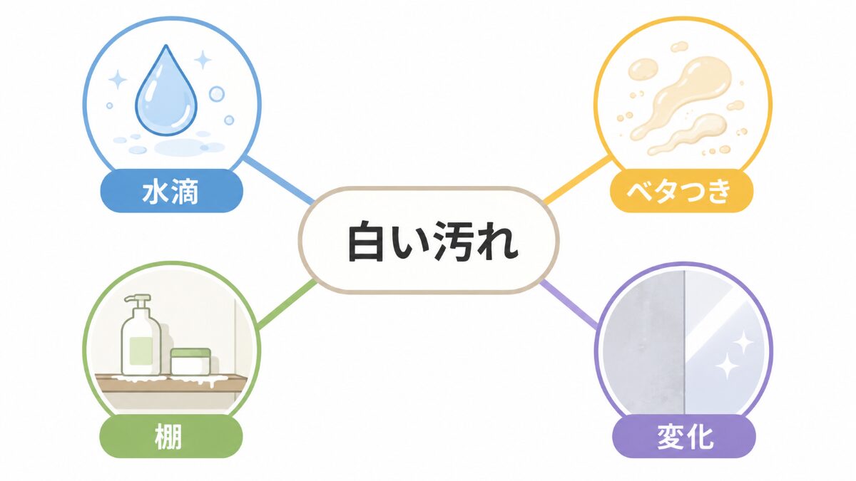 浴室の白い汚れを水滴ベタつき棚素材変化で分ける症状別分岐図