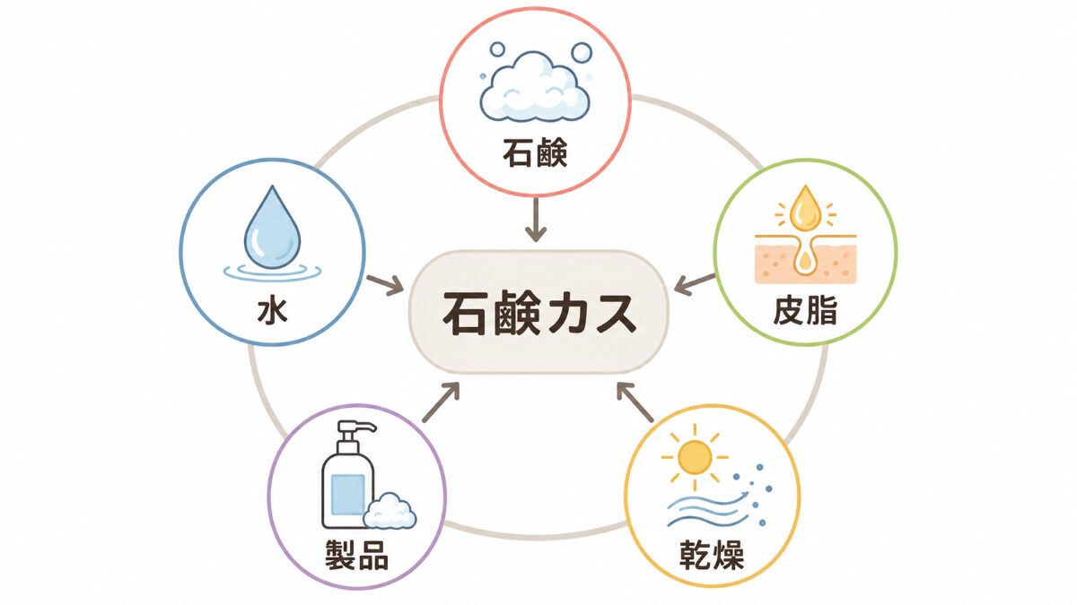 浴室の石鹸カスが石鹸成分水中成分皮脂製品残り乾燥でできる原因マップ