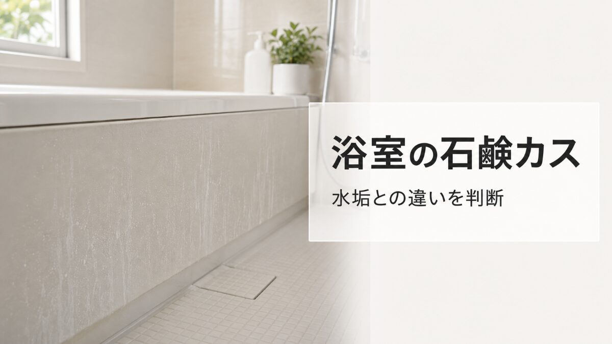 浴室の石鹸カスらしい白い膜と水垢との違いを示す記事アイキャッチ